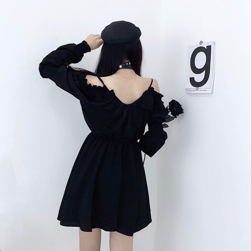 Women Dress -Lace Up Black Autumn Sexy High Waist Femme Dresses Off Shoulder Long Sleeve Gothic Clothes