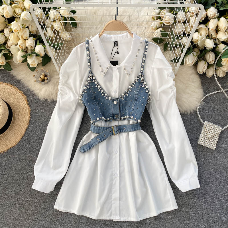 New Temperament Blouse Female Lapel Beaded Stacking Bead Blusa Sling Waistcoat C Fashion Two-piece Shirt Dropship