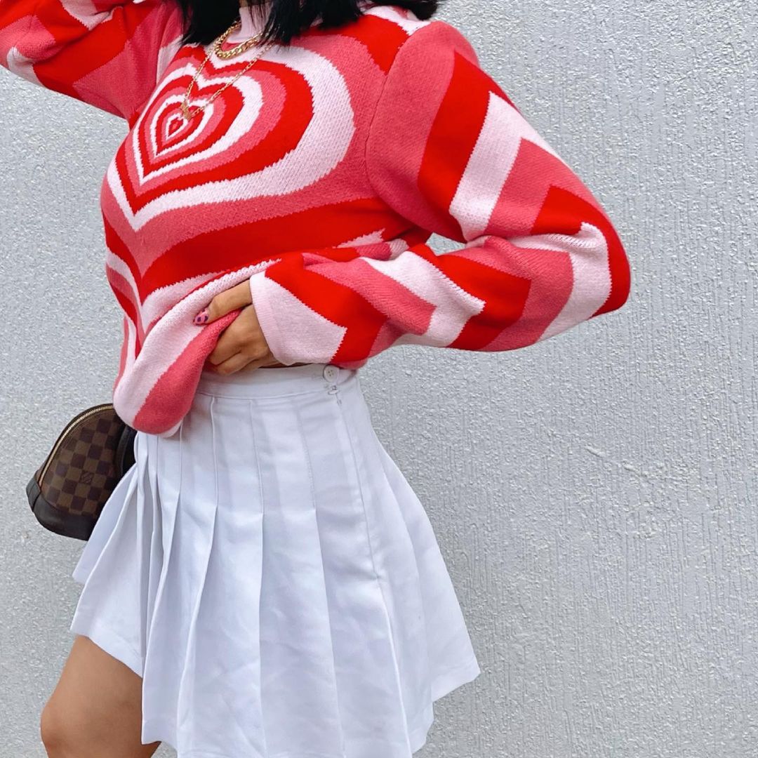 Knitted Sweater Aesthetics Heart Striped Pullovers Sweater Girls Sweet Long Sleeve Turtleneck Jumper Autumn Streetwear