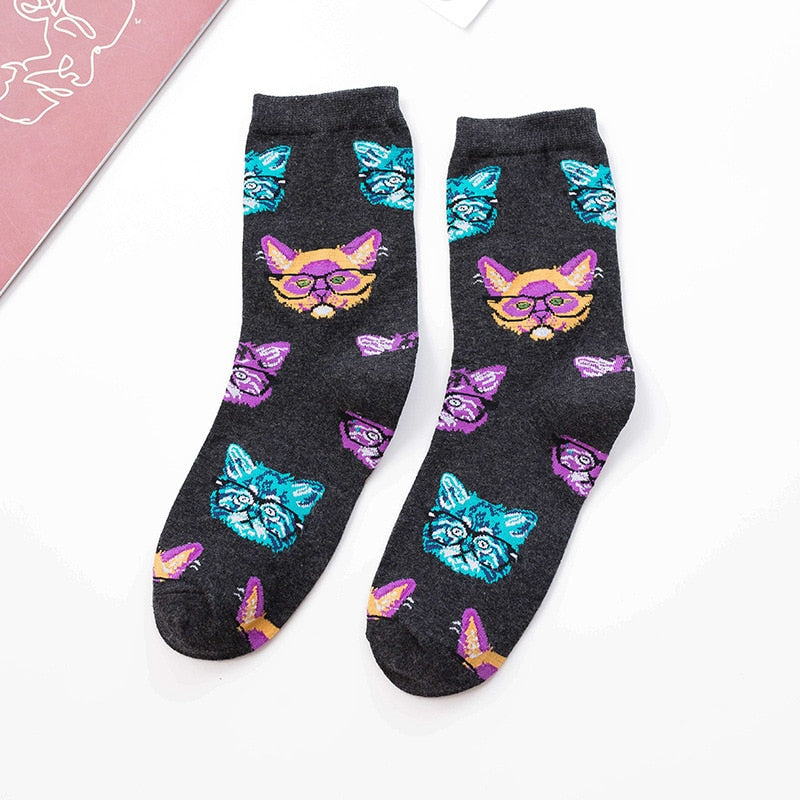 Vintage Fashion Leopard Animal Socks Women Girls Streetwear Cartoon Shell Fish Butterfly Mermaid Panther Dog Cat Cotton Socks