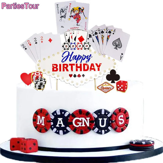 Poker Cake Topper Las Vegas Playing Card  Dice Games Casino Cake Decor Playing card Games Themed Birthday Party Supplies