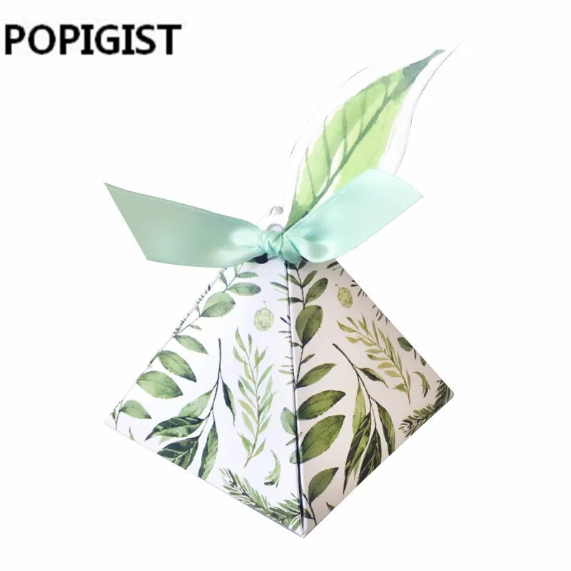 Wedding Favors Bomboniera birthday gift box Green forest Style Triangular Pyramid flower leaves Candy Boxes leaf tags+ribbon