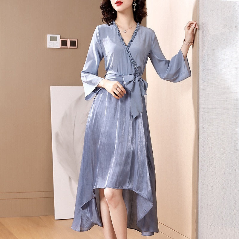 Spring and summer V-neck, sleeved silk silk dress