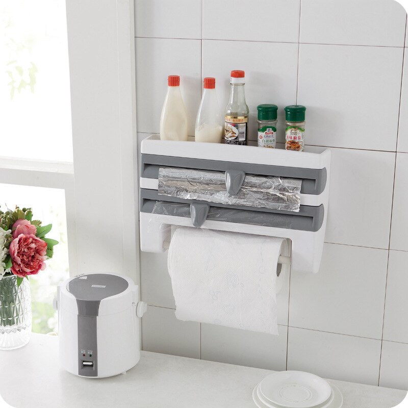 Plastic Refrigerator Cling Film Storage Rack Wrap Cutter Wall Hanging Paper Towel Holder Kitchen Organizer