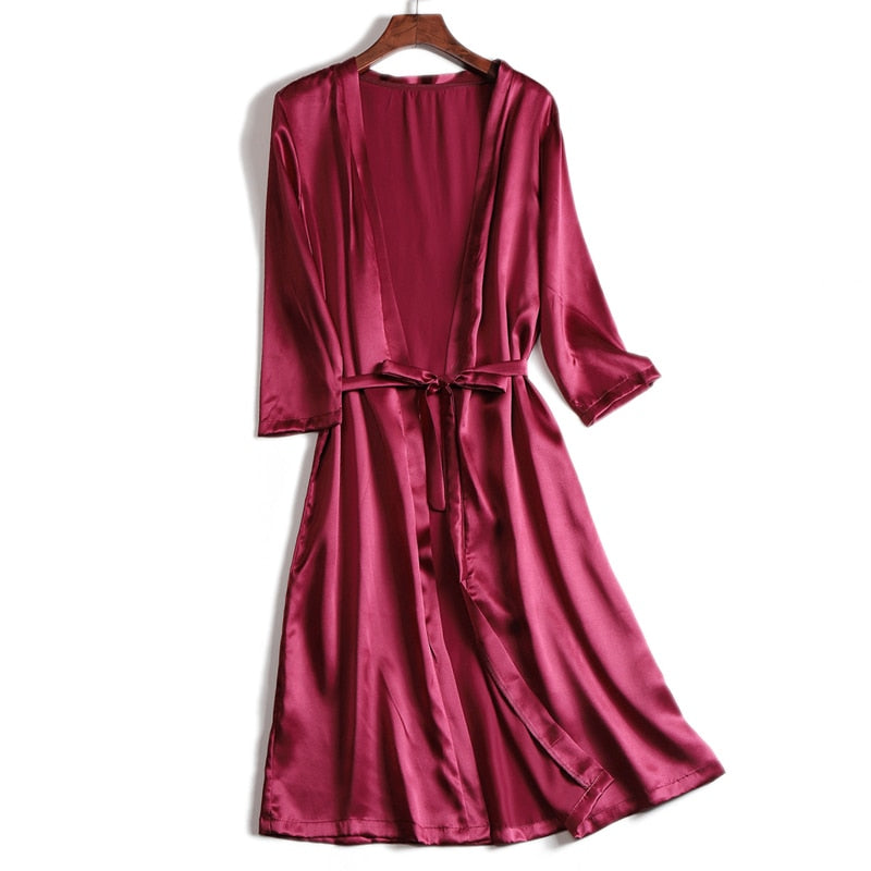 100% Natural silk Women Robes Silk Satin Knee length robe Belted Healthy Sleep wear 2021 Spring Fall Home Wears Kimono