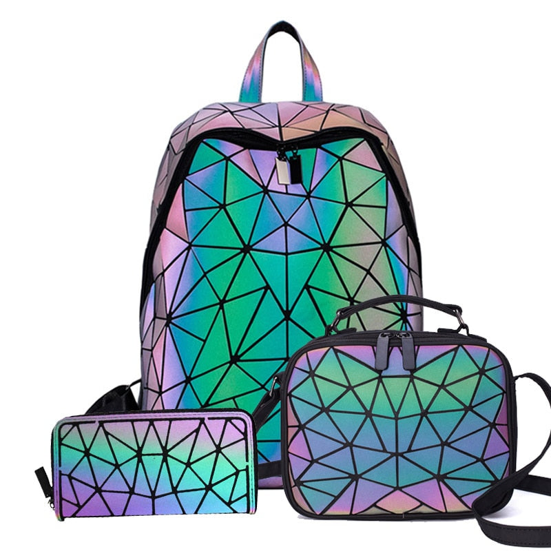 New Luminous Backpack School Women Men Set Rucksack Female Lattice Backbag Holographic Shoulder Bags Purse mochila sac