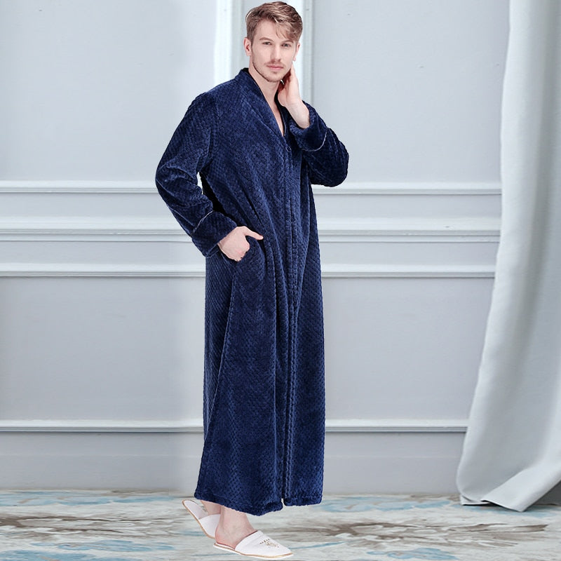 Women Winter Plus Size Long Warm Flannel Hooded Bathrobe - Zipper Bath Robe Pregnant Night Dressing Gown Men Sleepwear