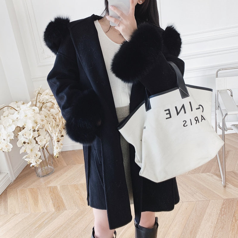 Real Cashmere Woolen Coat famous natural fox fur coats outerwear dropshipping