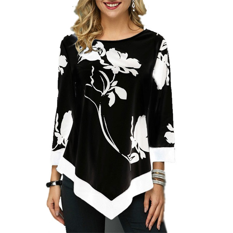 Oversized Women T Shirt Casual Irregular O-Neck Lace Splice Floral Printing Tee Shirt Women's Tops Pullovers Clothing