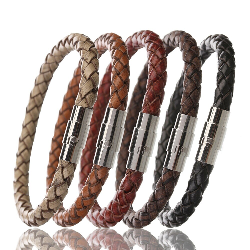 Genuine Leather Bracelet Men Stainless Steel Magnetic Clasp Handmade Men Bracelets Bangles Braided Leather Bracelet Wholesale