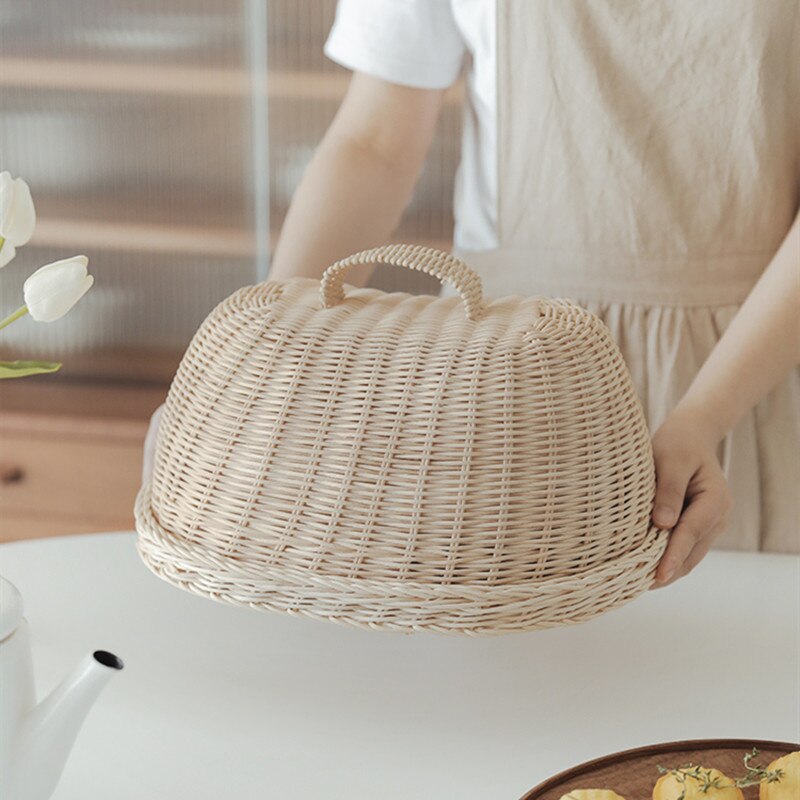 Rattan Basket Bread Basket White Rattan Storage Baskets Fruit Dust Proof Cover Pantry Organizer Kitchen Storage