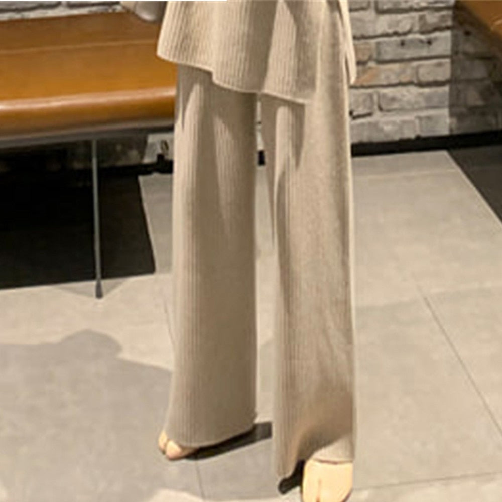 Winter Women's Thicken Warm Knitted Pullover Sweater Two-Piece Suits +High Waist Loose Wide Leg Pants Set