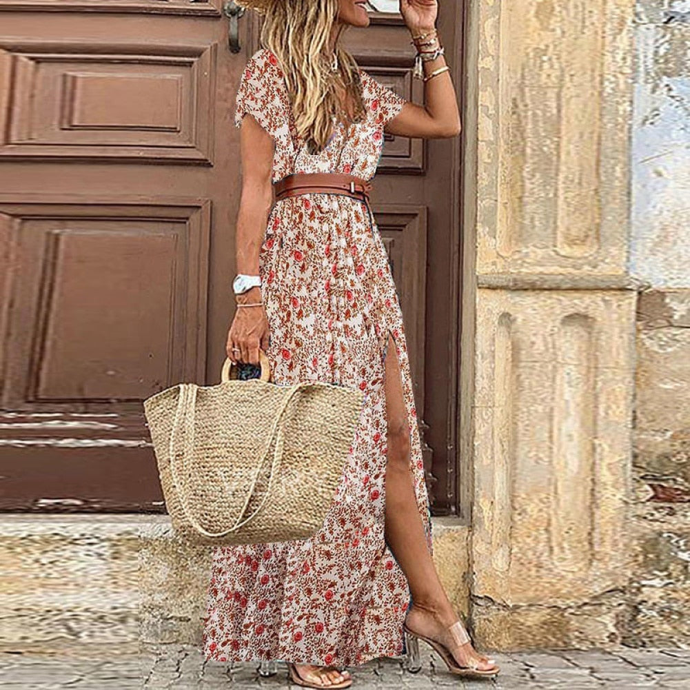 Boho Women V Neck Short Sleeve Paisley Print Belt Large Hem Beach Long Dress print dress summer beach dress with belt