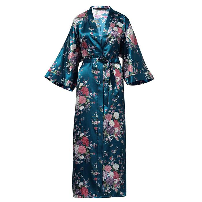 Women Exquisite Print Flower Kimono Gown Wedding Robe Elegant Ankle-length Sleepwear Homewear Casual Soft Bath Gown Plus Size