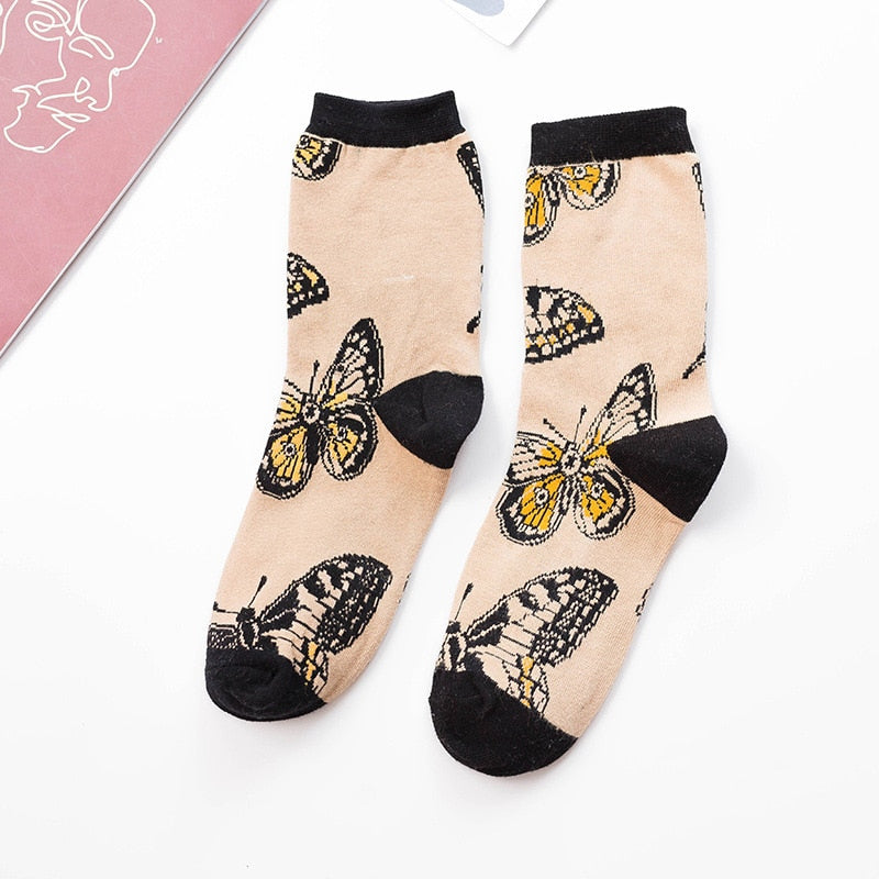 Vintage Fashion Leopard Animal Socks Women Girls Streetwear Cartoon Shell Fish Butterfly Mermaid Panther Dog Cat Cotton Socks