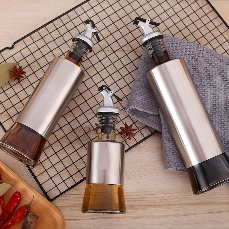 Kitchen Glass Oil Bottle Stainless Steel Leak-proof Soy Sauce Vinegar Cruet Storage Dispenser Useful Kitchen Tools