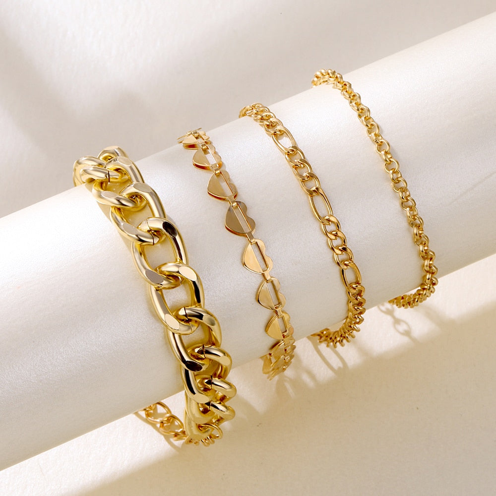 4Pcs Punk Heavy Metal Big Thick Chain Bracelet Set Women Retro Geometric Metal Twist Chain Bangles Bracelet Fashion Jewelry