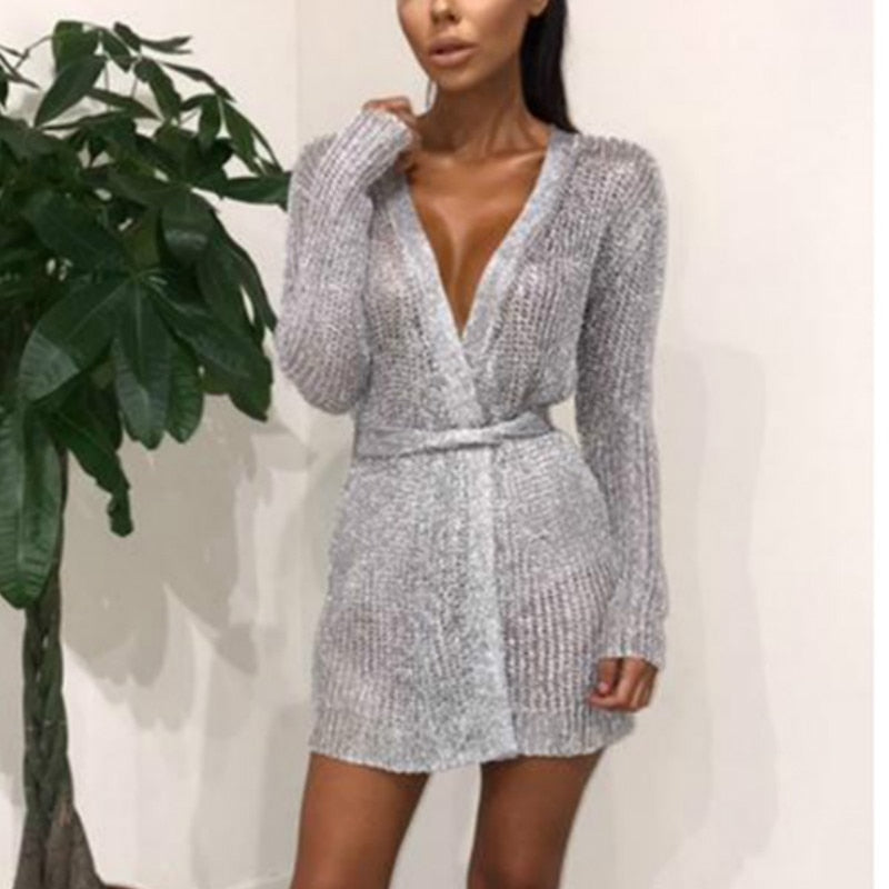 Women Sexy Dress Knitted Sweater Dress Silver Gold Club Party Bodycon Dress Deep V-neck Long Sleeve Cardigan Robe with Belt