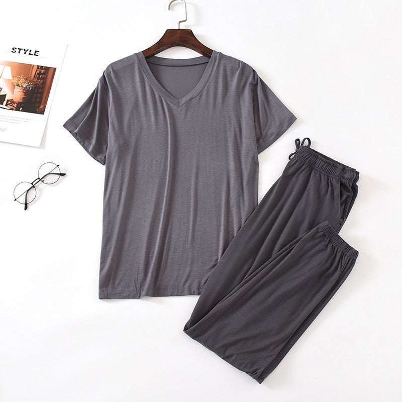 Nightwear Set 2Pcs Pajamas For Man Sleepwear Spring Summer Modal Short Sleeve Pijamas Man Black Home Clothes