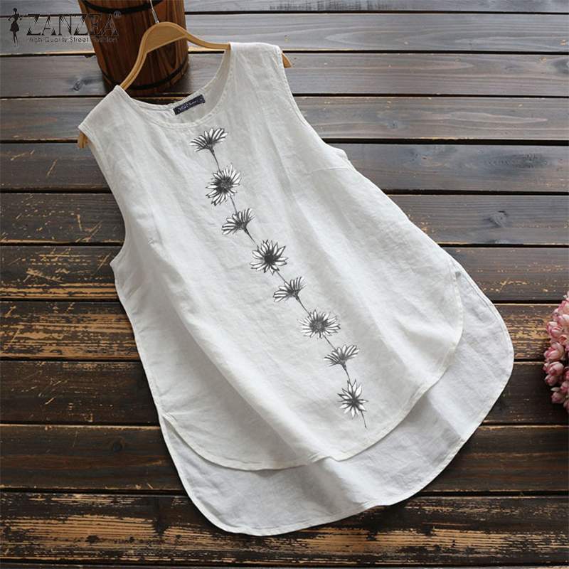 Women's Irregular Blouse ZANZEA Tanks Tops Casual Linen Blusas Female Sleeveless Chemise Summer Tee Shirts