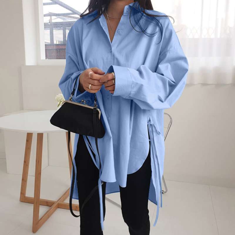 Stylish Solid Shirts Women's Asymmetrical Blouse Casual Lace Up Blusas Female Button Lapel Shirt Oversized Tunic