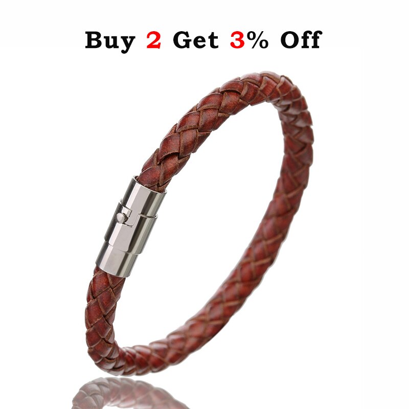 Genuine Leather Bracelet Men Stainless Steel Magnetic Clasp Handmade Men Bracelets Bangles Braided Leather Bracelet Wholesale