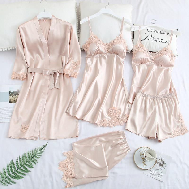 Women Robe Suit Pajamas Nighty&Satin Kimono Bathrobe Gown Nightdress Silky Lace Sleep Set Nightwear Sexy Nightgown