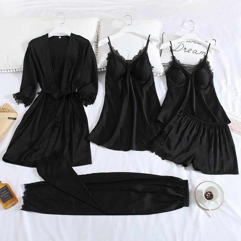 Women Robe Suit Pajamas Nighty&Satin Kimono Bathrobe Gown Nightdress Silky Lace Sleep Set Nightwear Sexy Nightgown