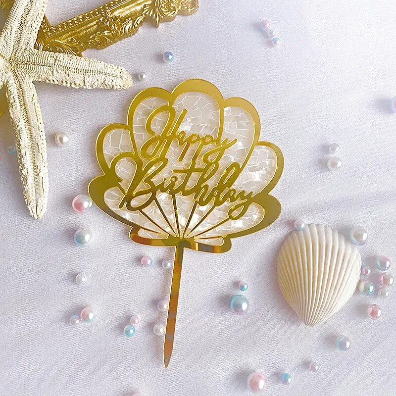 Ins Ocean Shell Happy Birthday Acrylic Cake Topper Gold Cute Cake Topper for Girls Birthday Party Cake Decorations Baby Shower