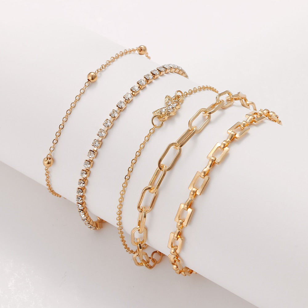 4Pcs Punk Heavy Metal Big Thick Chain Bracelet Set Women Retro Geometric Metal Twist Chain Bangles Bracelet Fashion Jewelry