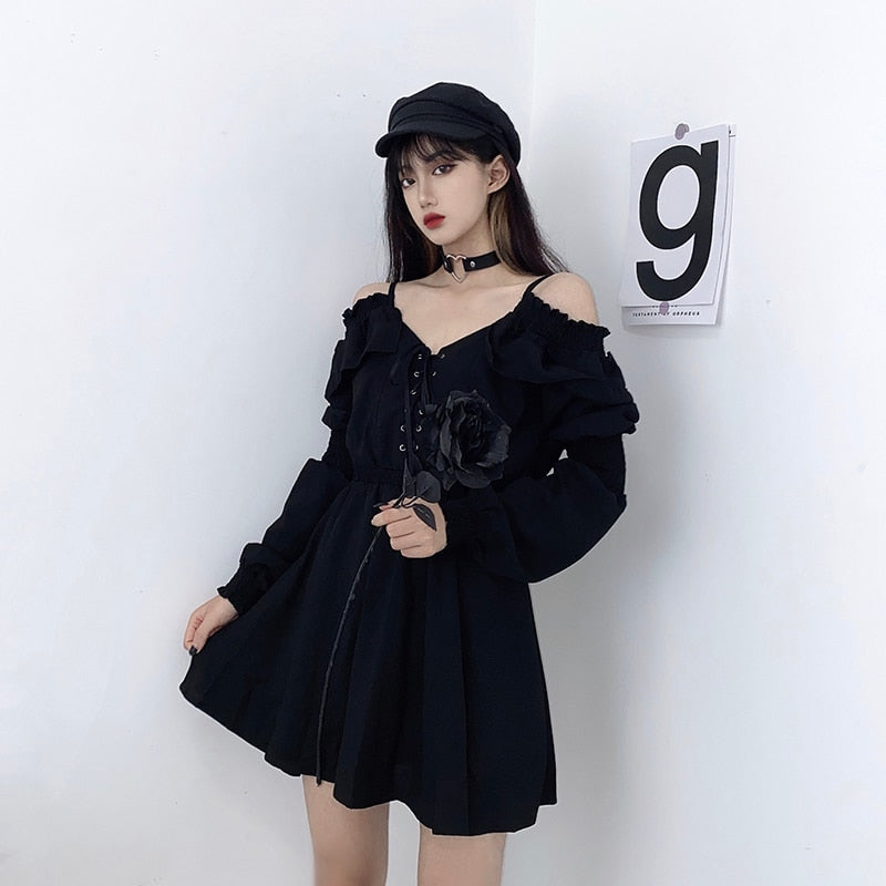 Women Dress -Lace Up Black Autumn Sexy High Waist Femme Dresses Off Shoulder Long Sleeve Gothic Clothes