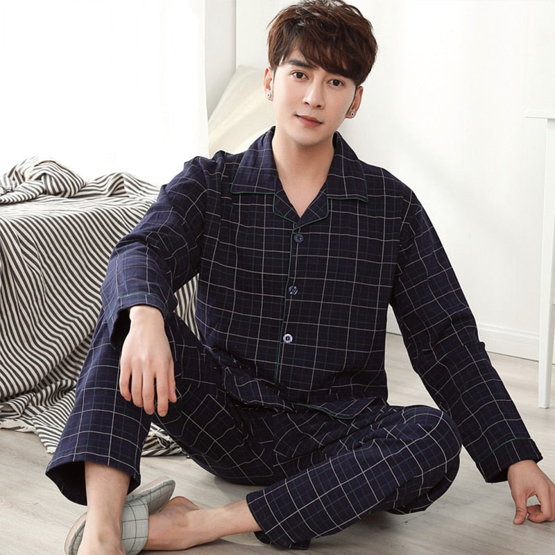 Winter 100% Cotton Pajamas Men Lounge Sleepwear Blue Plaid Pijama Man's Warm Bedgown Home Clothes PJ Pure Pijama Hombre Invierno