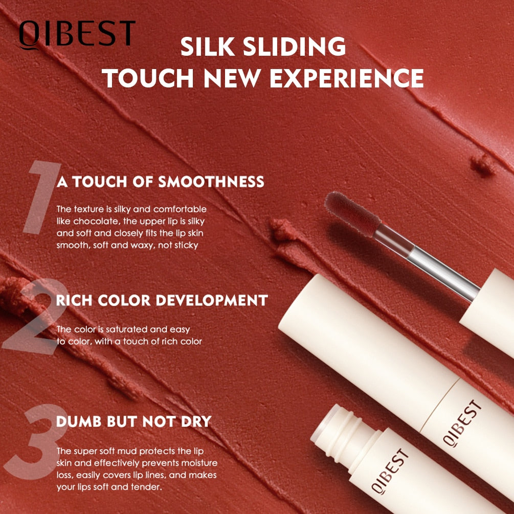 QIBEST Lip Gloss 8 Colors Nude Matte Chocolate Lipstick Waterproof Long Lasting Women Red Lip Tint Velvet Lip Glaze Cosmetics