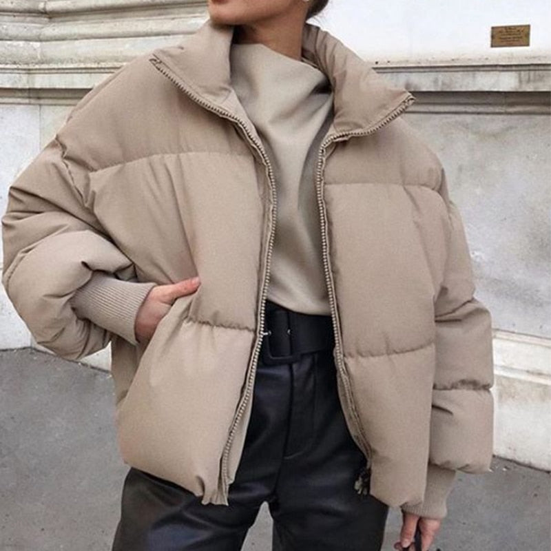 Gtealife Fashion Stand Collar Parkas Women Thick Warm Winter Bubble Coats Female Khaki Jackets Pockets Zipper Simple Overcoats