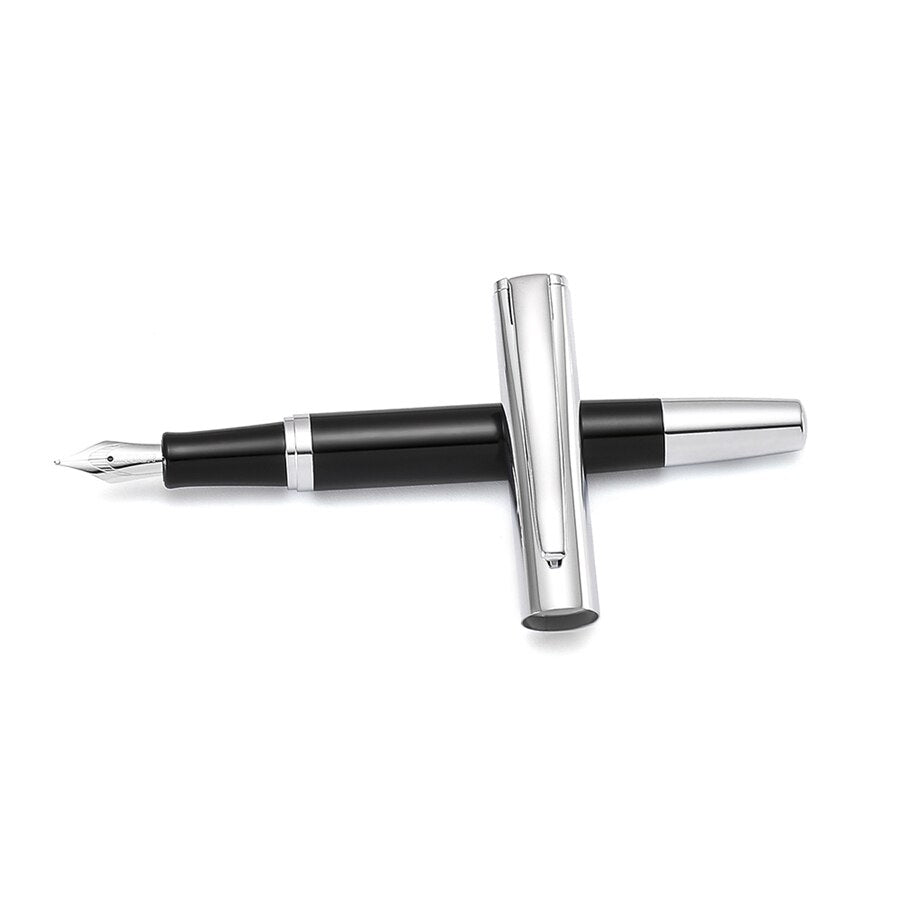 Fountain Pen, Black Stripe Lacquer Barrel, Silver Trim Stainless Steel Medium Nib, Office School Signature