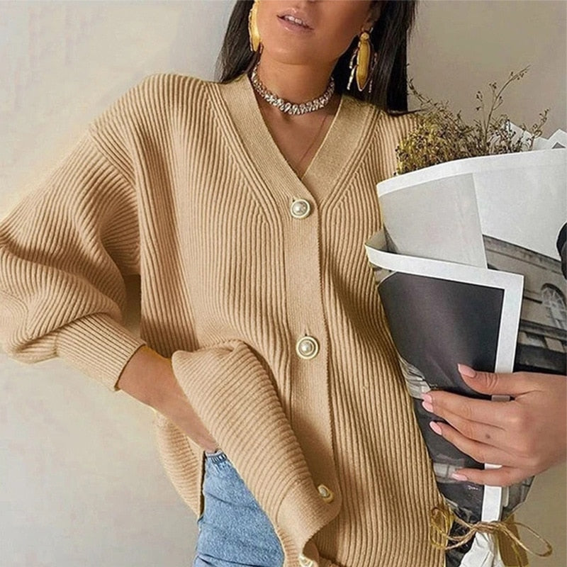 MUICHES Casual V-Neck Single Breasted Sweater Woman Lantern Sleeve Pearl Button Solid Oversized Cardigan