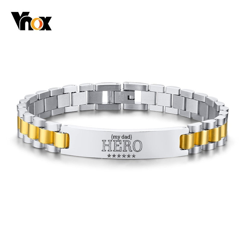 Vnox My Dad HERO Bracelets Personalized Quotes Men Bracelet Qualified Stainless Steel ID Bangle Father's Day Gift 19.5cm/21cm