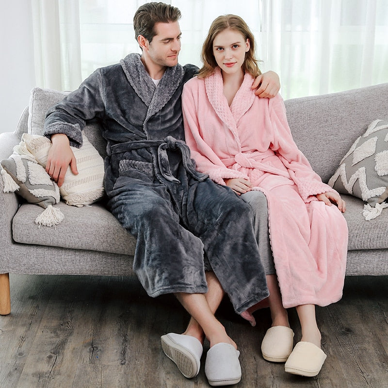 Winter Long Coral Fleece Bathrobe Kimono Warm Flannel Bath Robe Men Cozy Robes Night Sleepwear Women Dressing Gown