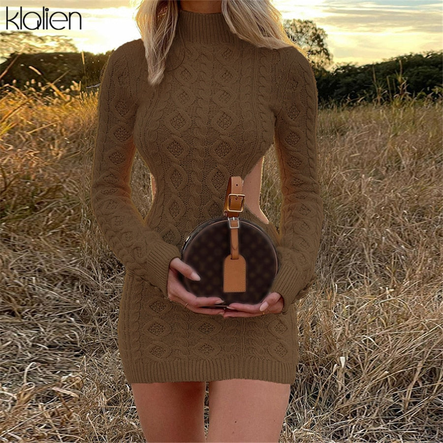 Simple Solid Long Sleeve Turtleneck Sweater Dress Autumn New Women Warm Streetwear Slim Stretch Mini Bodycon Dresses