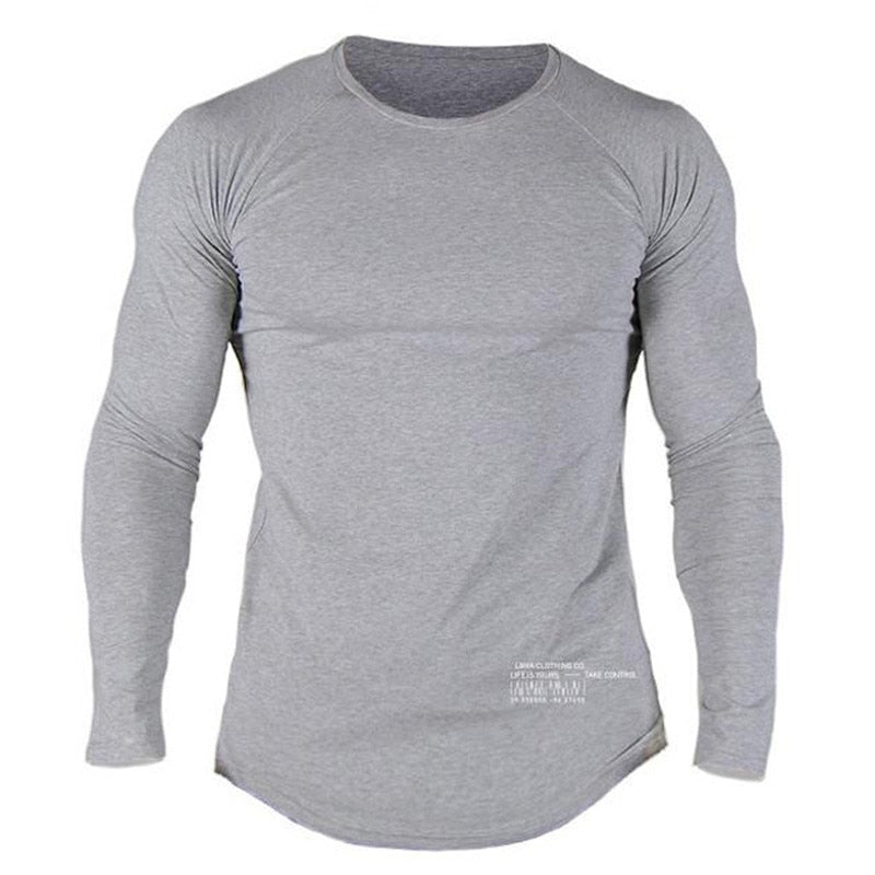 Cotton Long Sleeve Shirt Men Casual Skinny T-shirt Gym Fitness Bodybuilding Workout Tee Tops Male Crossfit Run Training Clothing