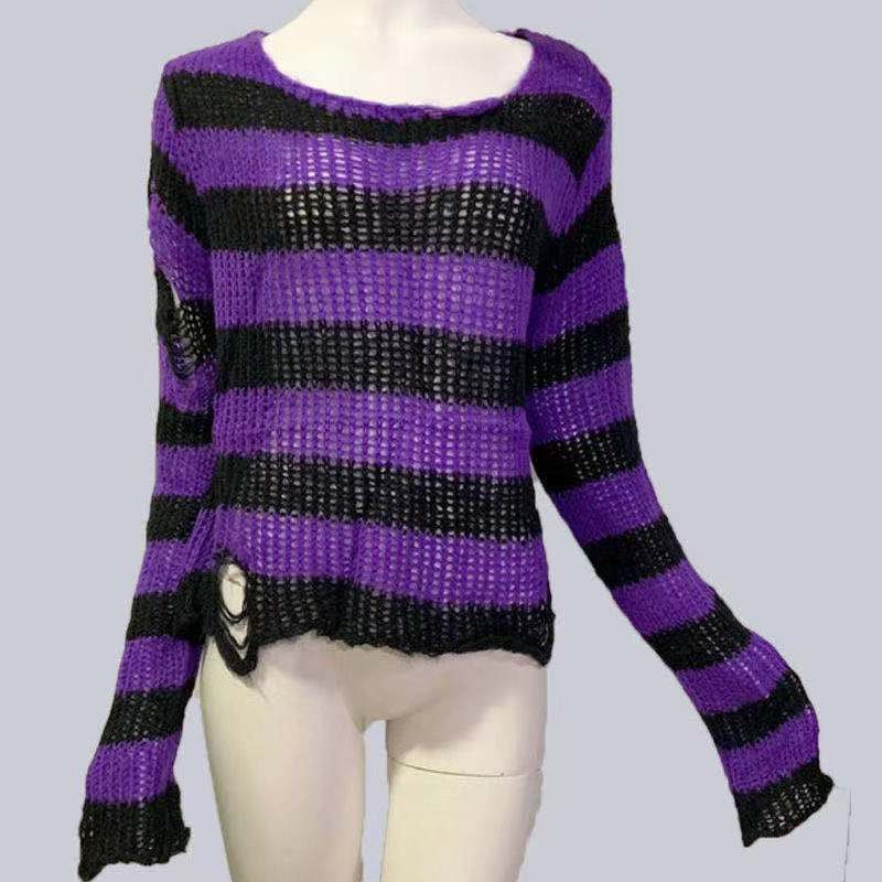 Punk Gothic Long Women Striped Cool Hollow Out Hole Broken Jumper Loose Rock Thin Dark Streetwear Top