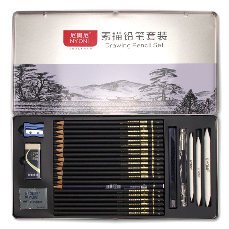 Professional 29 PCS Sketch Pencil Set Sketching Charcoal Drawing Kit Wood Pencils Set For Painter School Students Art Supplies