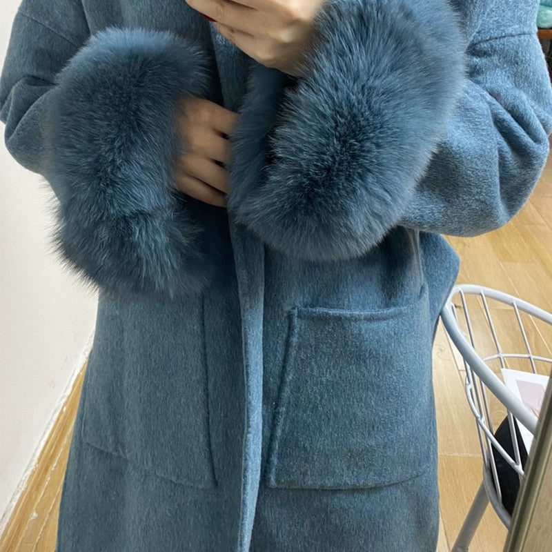 Real Cashmere Woolen Coat famous natural fox fur coats outerwear dropshipping