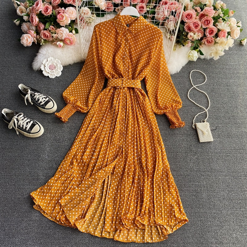 Women Vintage Maxi Party Dress Long Sleeve Orange Polka Dot Pleated Evening Black Vestidos Femme Fashion Robe New