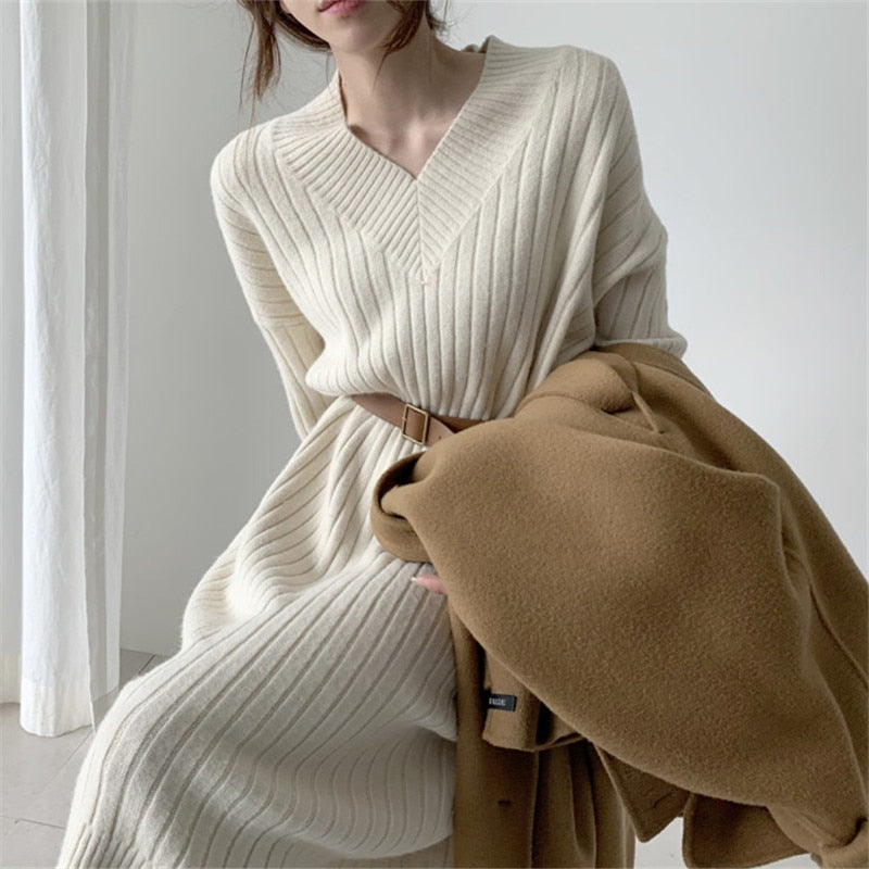 Womens Sweater Dress Winter Long Sleeve Sweaters Knitted Dresses Womens Loose Maxi Oversize Knitting Robe Vestido