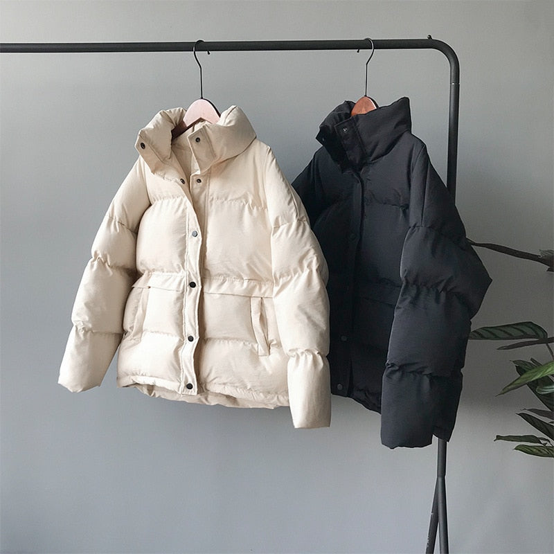 fashion solid women's winter down jacket stand collar short single-breasted coat preppy style parka ladies chic outwear female