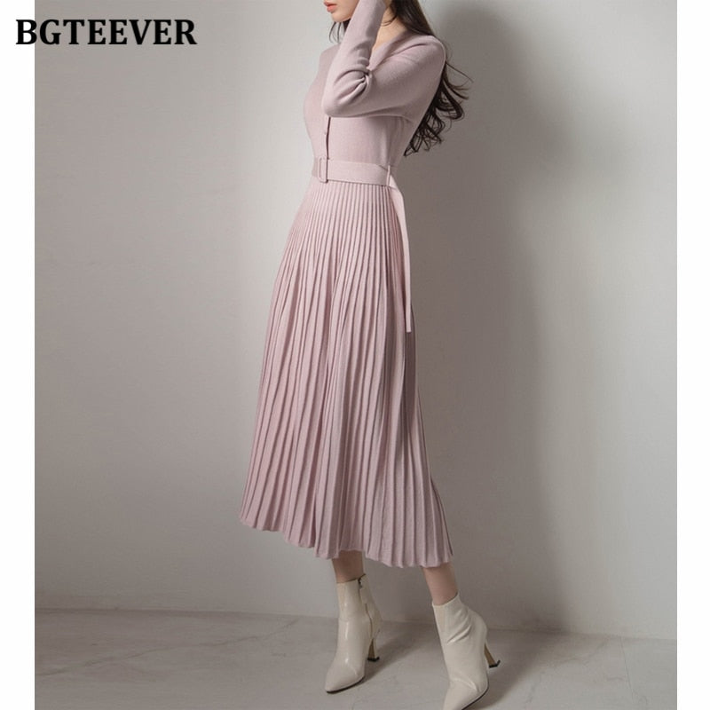 Elegant V-neck Single-breasted Sweater Dress - Belted Female A-line soft dresses