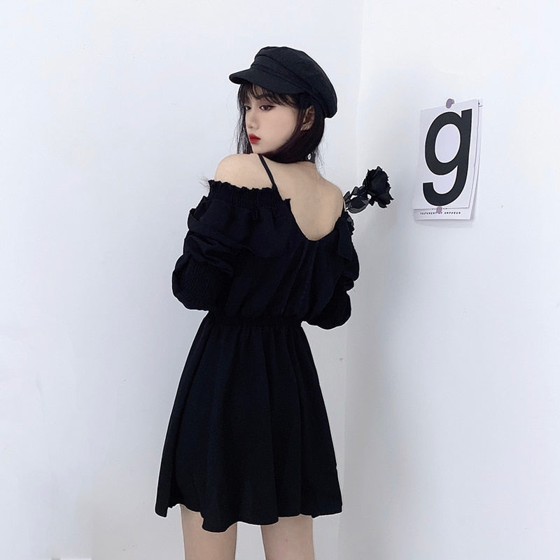 Women Dress -Lace Up Black Autumn Sexy High Waist Femme Dresses Off Shoulder Long Sleeve Gothic Clothes