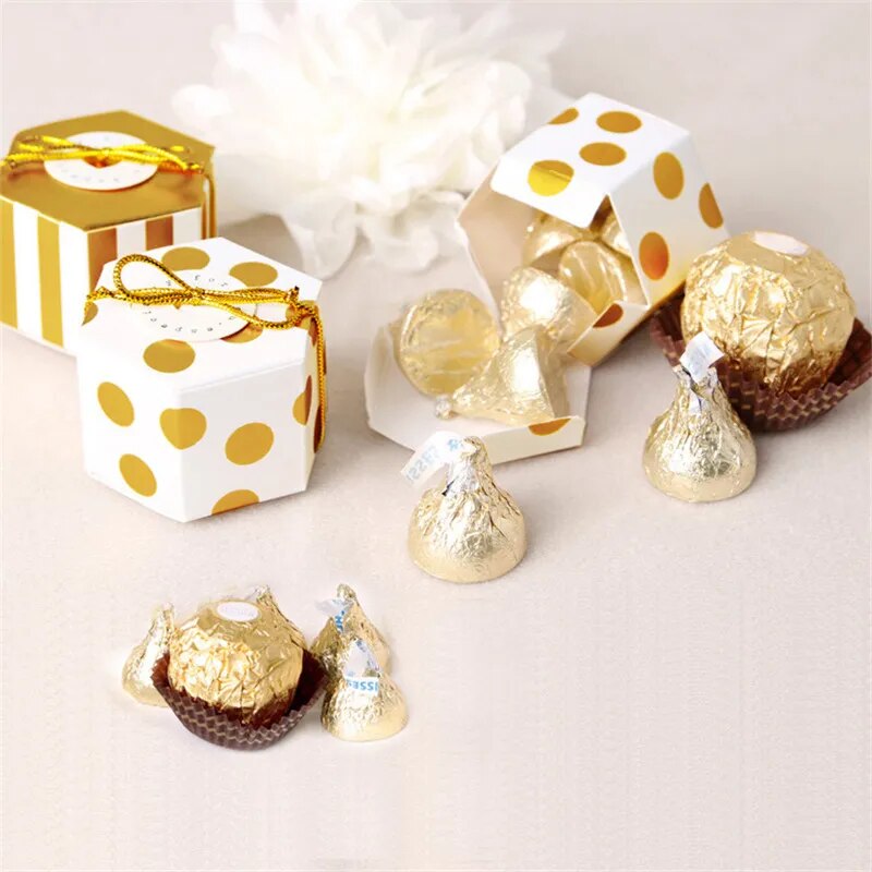 100pcs Mini Lovely Gold Round Dot Gold Striped Paper Candy Boxes For Baby Shower gift box Birthday Wedding Party Favor Box