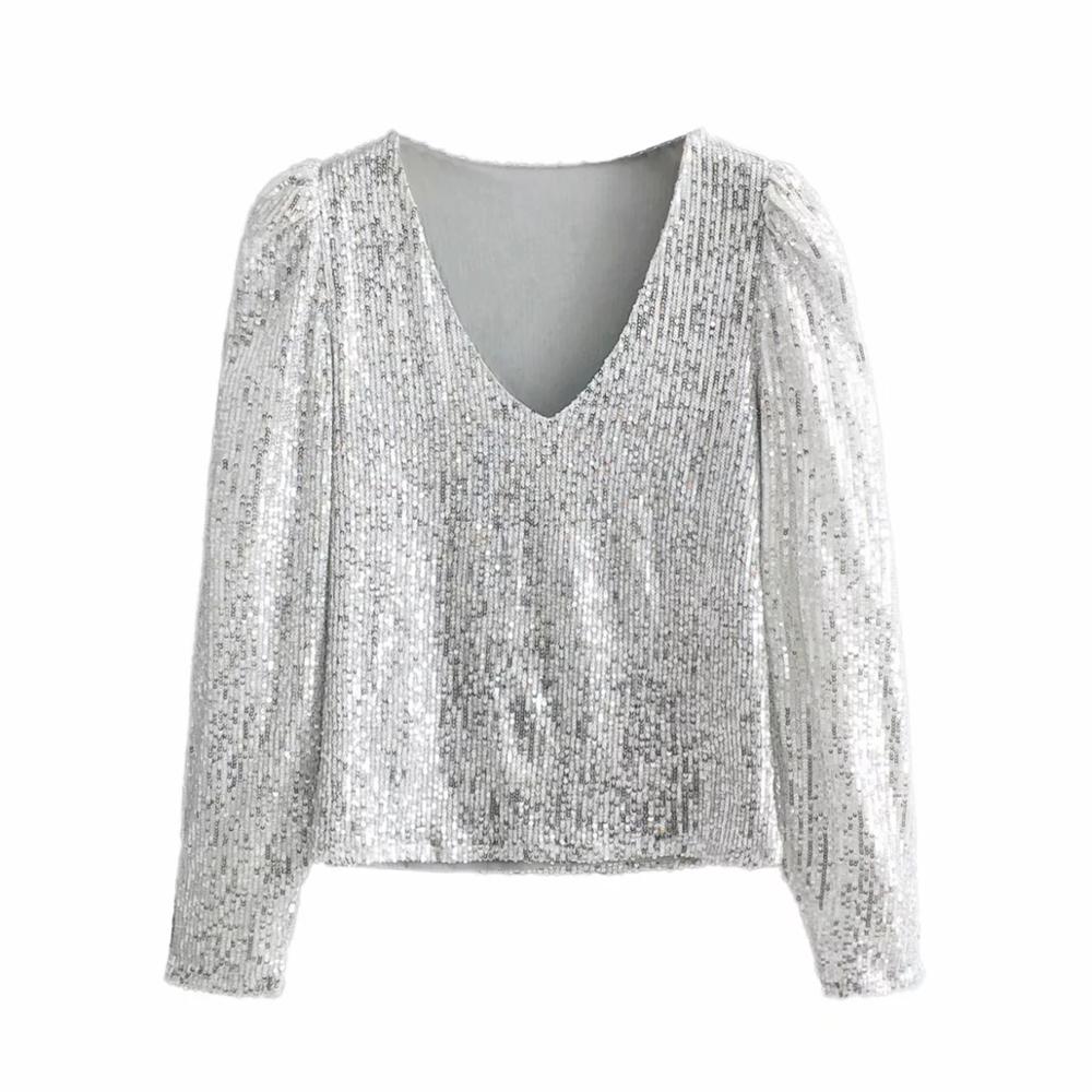 Elegant Women Sequined Tops Spring Fashion Ladies Vintage Silver Top Party Female Sexy V-Neck Tops Femme Girls Chic Clothes